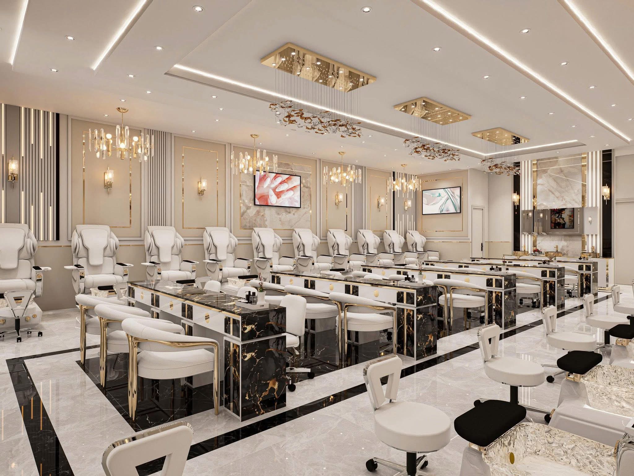 Premium nail stations with black marble and gold veining accents