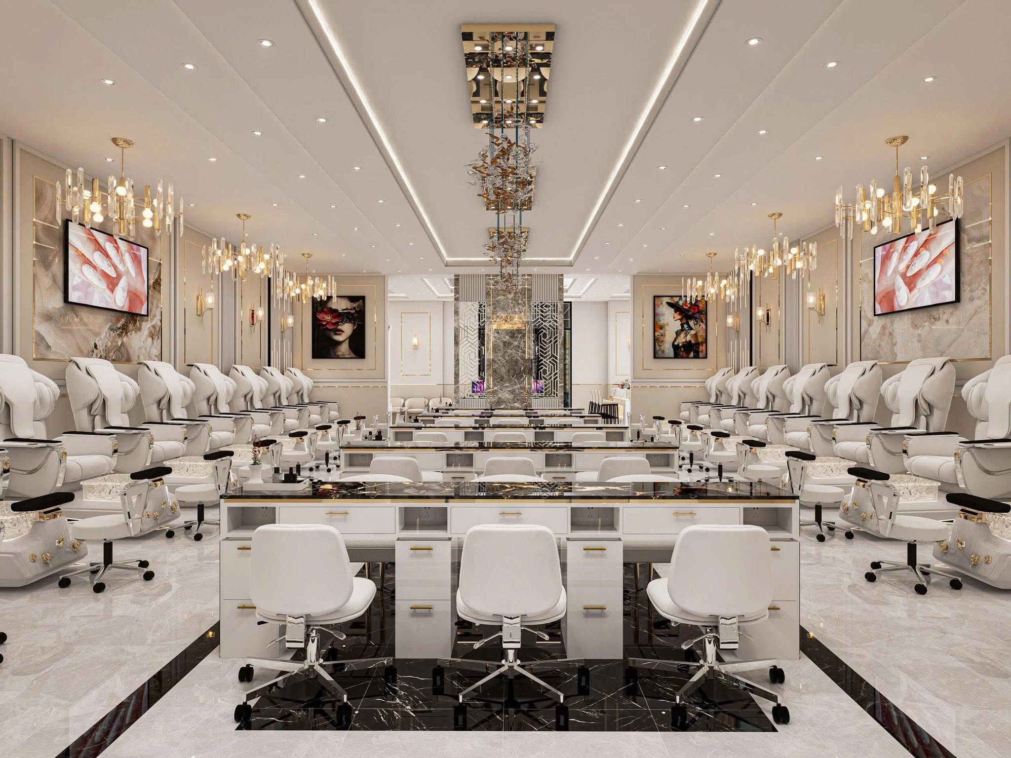 Glo Nail Spa 3 luxury salon interior with crystal chandeliers, marble floors, and gold-accented nail stations in Colorado Springs