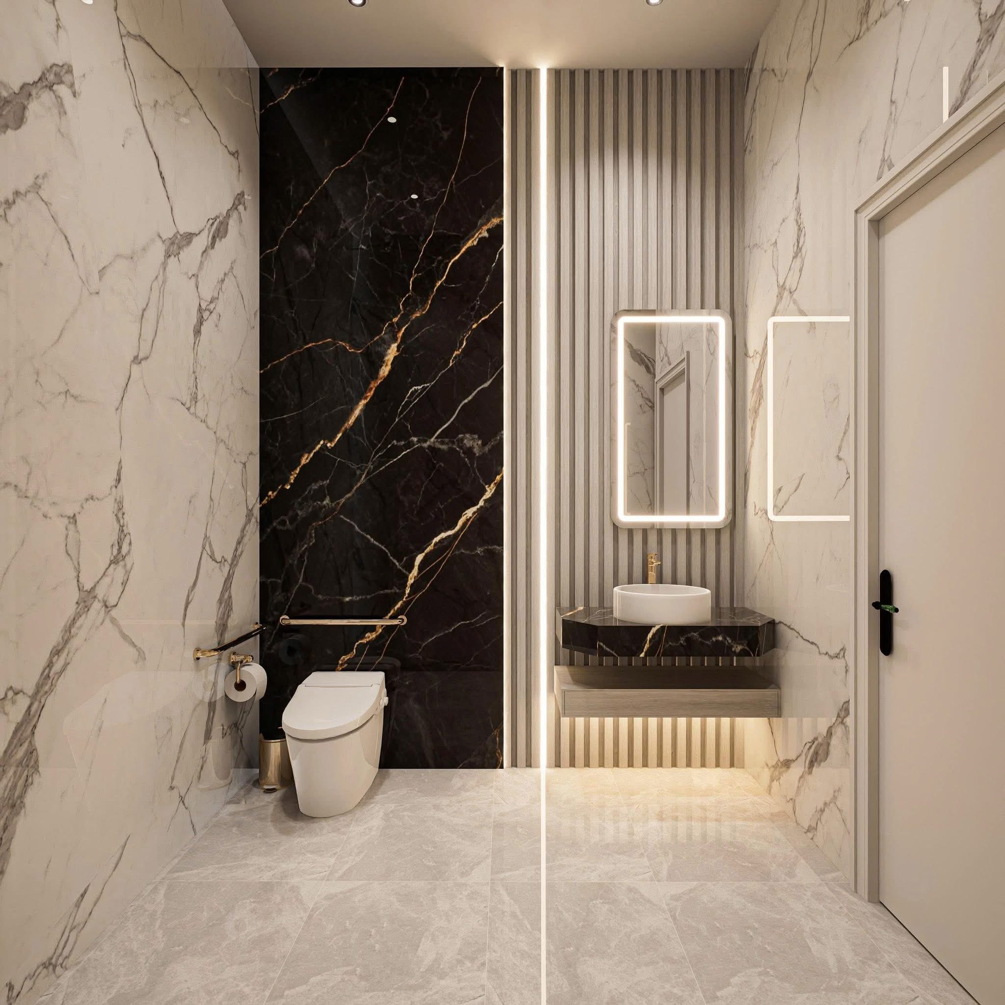 Luxury nail stations with marble countertops and gold-framed mirrors