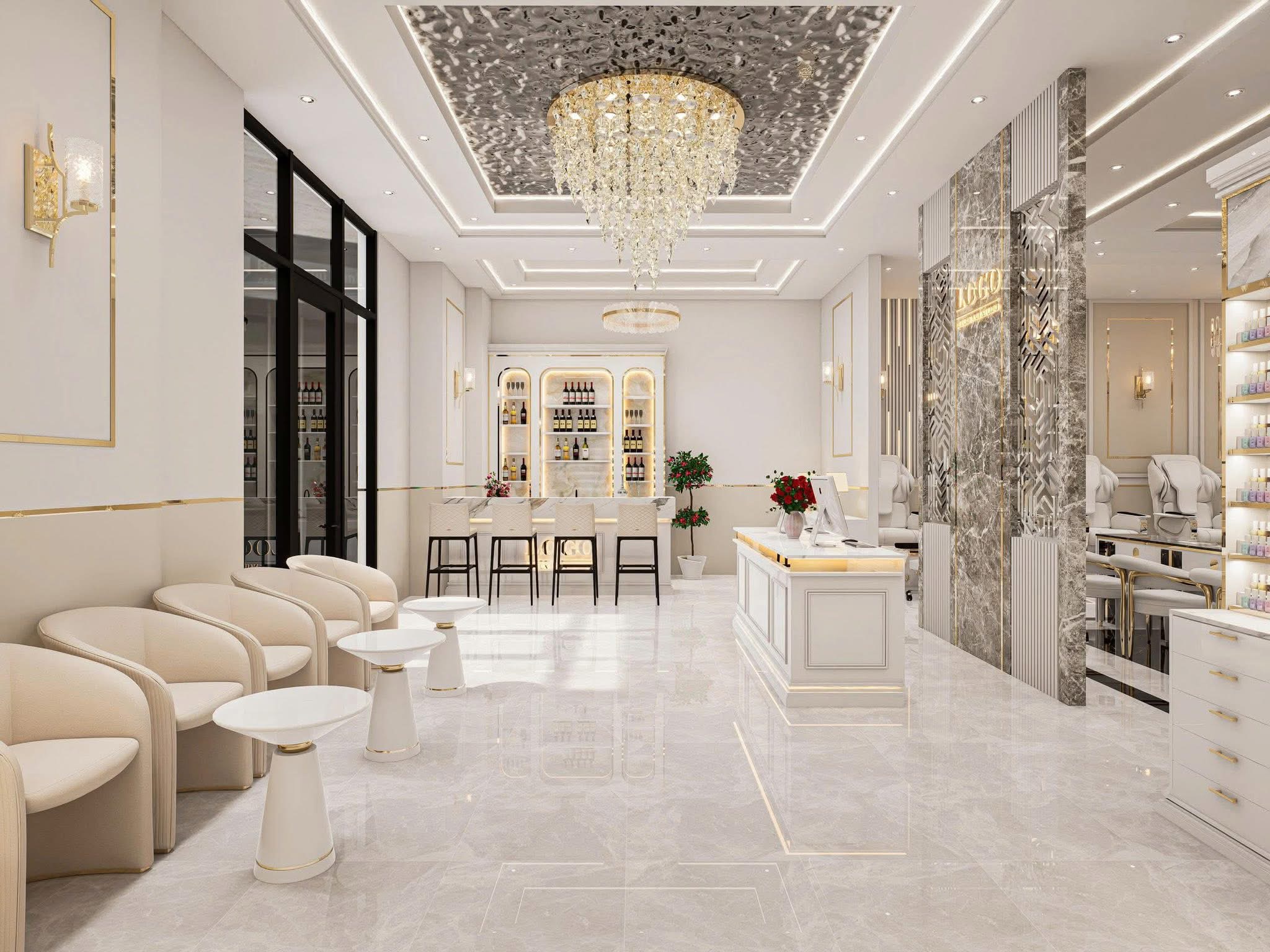 Crystal chandelier and Italian marble flooring detail