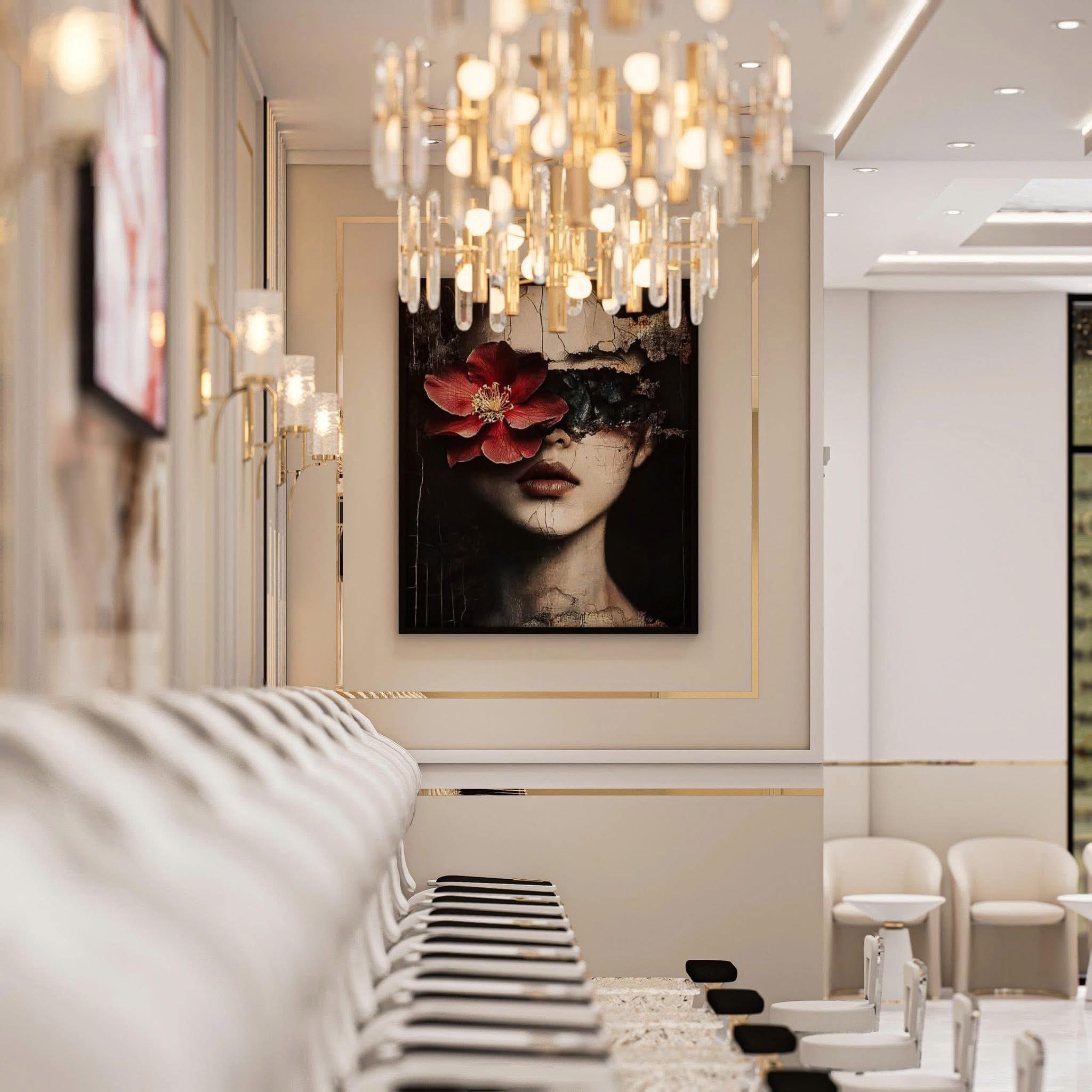 Elegant wall art and crystal chandelier detail
