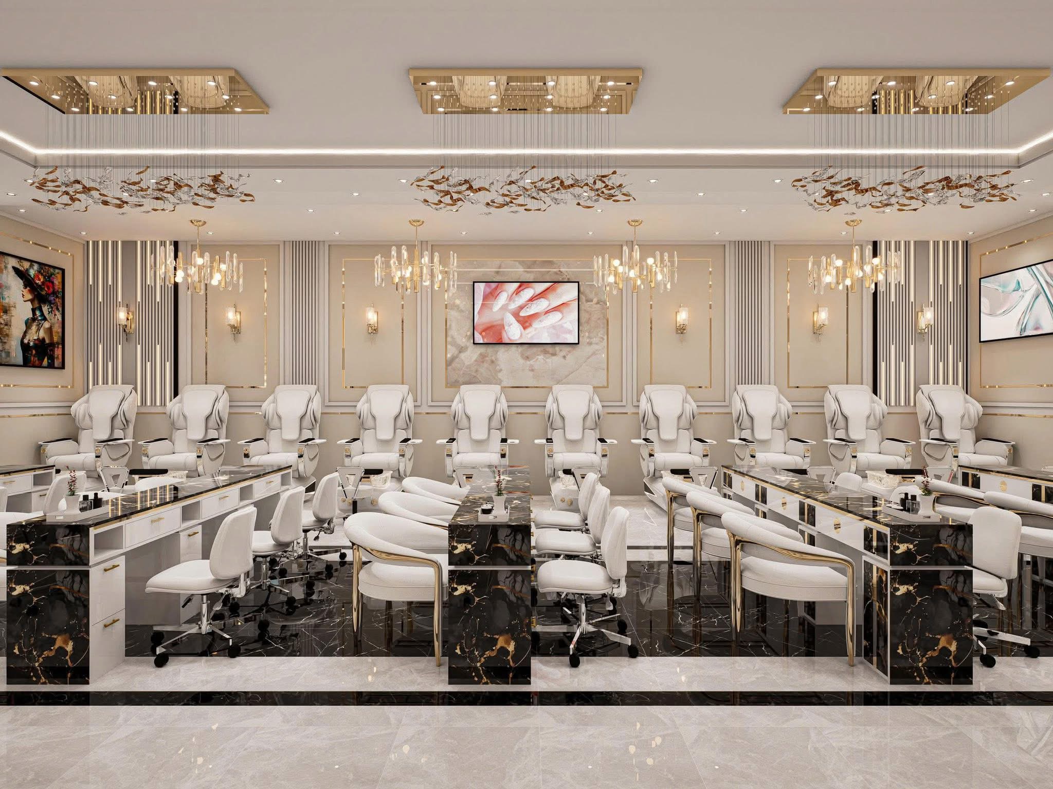 Luxury pedicure stations with white leather chairs and black marble accents