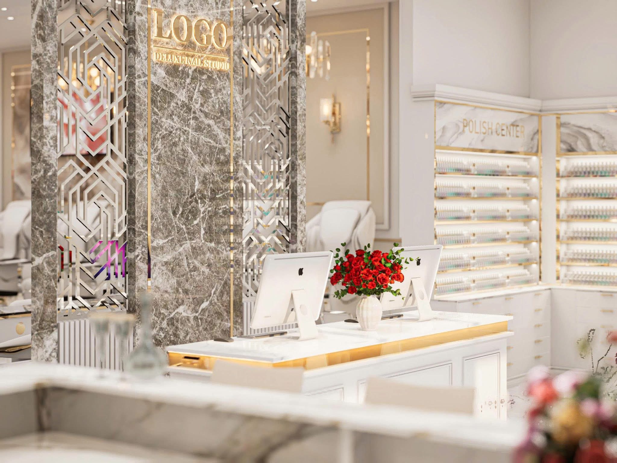 Reception area with marble column and art deco metalwork