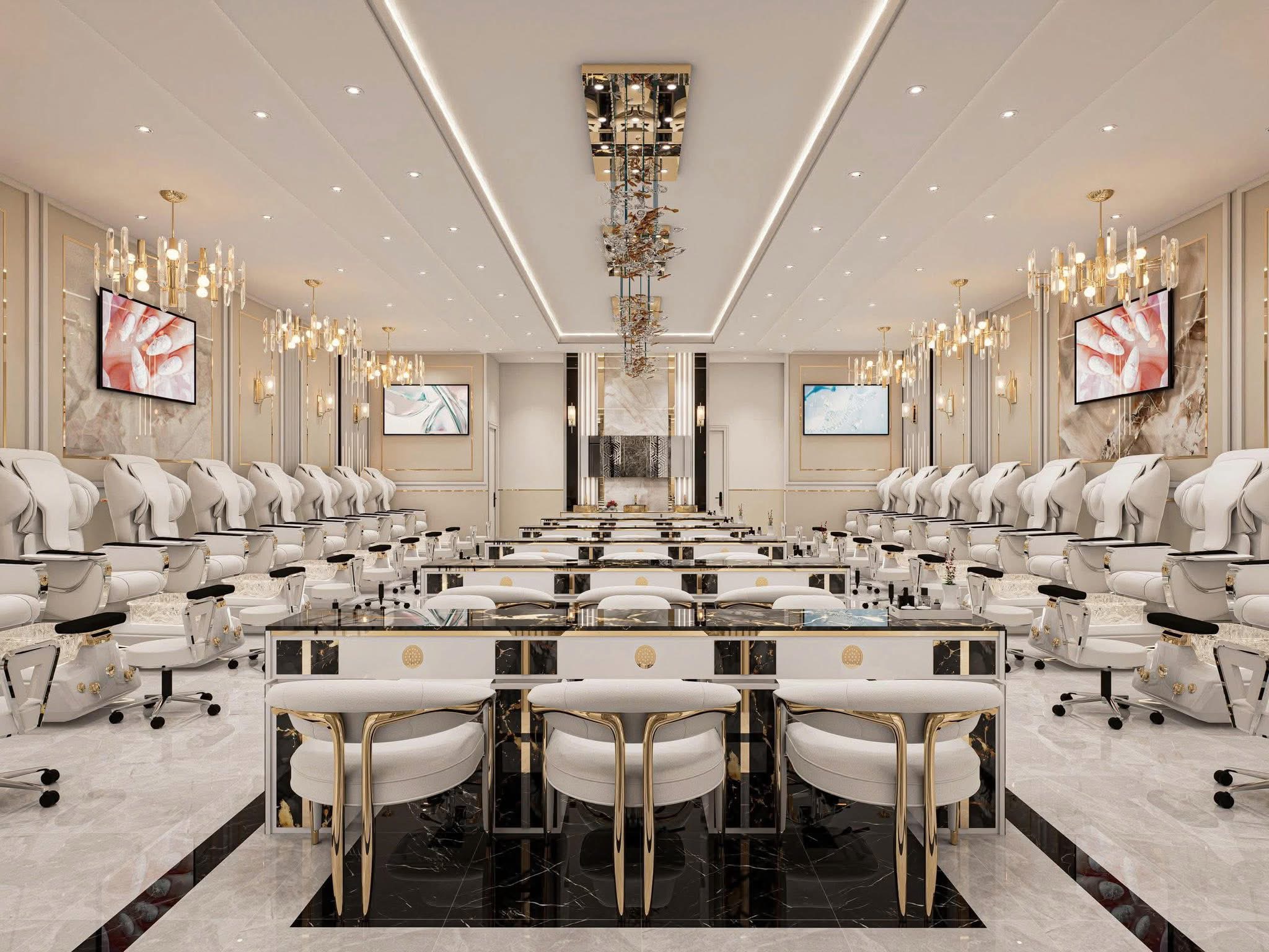 Five-star salon ambiance with warm lighting