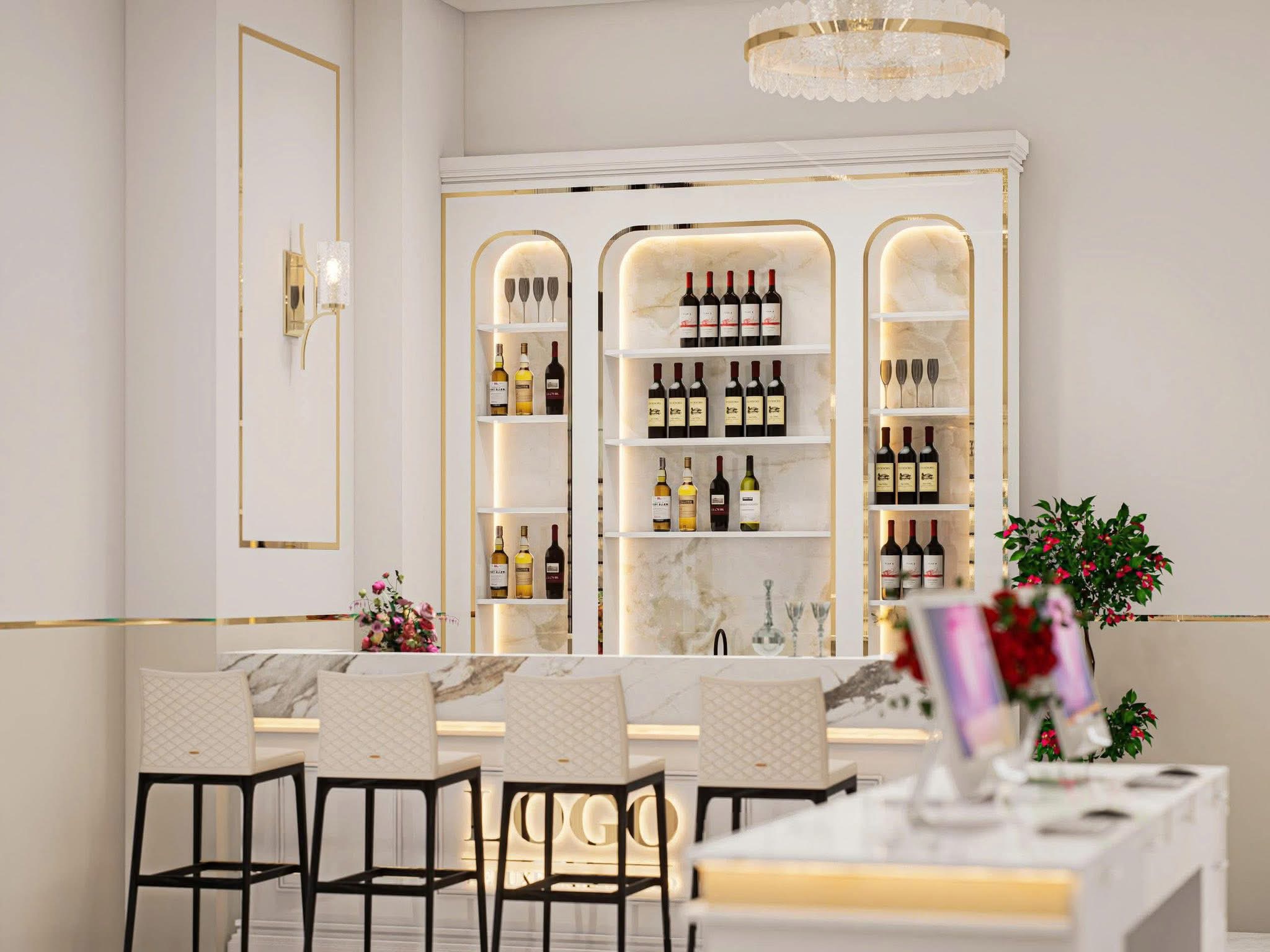 Lobby entrance with crystal chandelier and cream armchairs